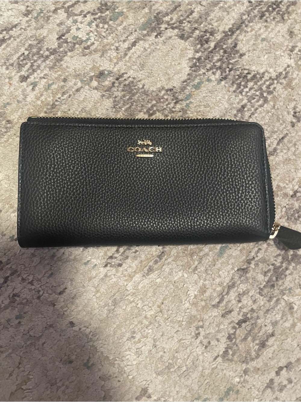 COACH Black Pebbled Leather Zip-Around Wallet with Gold Logo